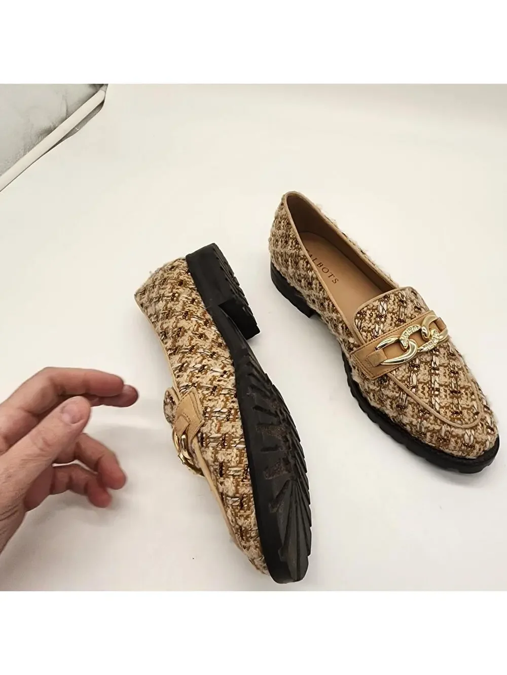 Talbots Leighton Boucle Metallic Chain Loafers Tan Gold Tweed Shoes 9.5